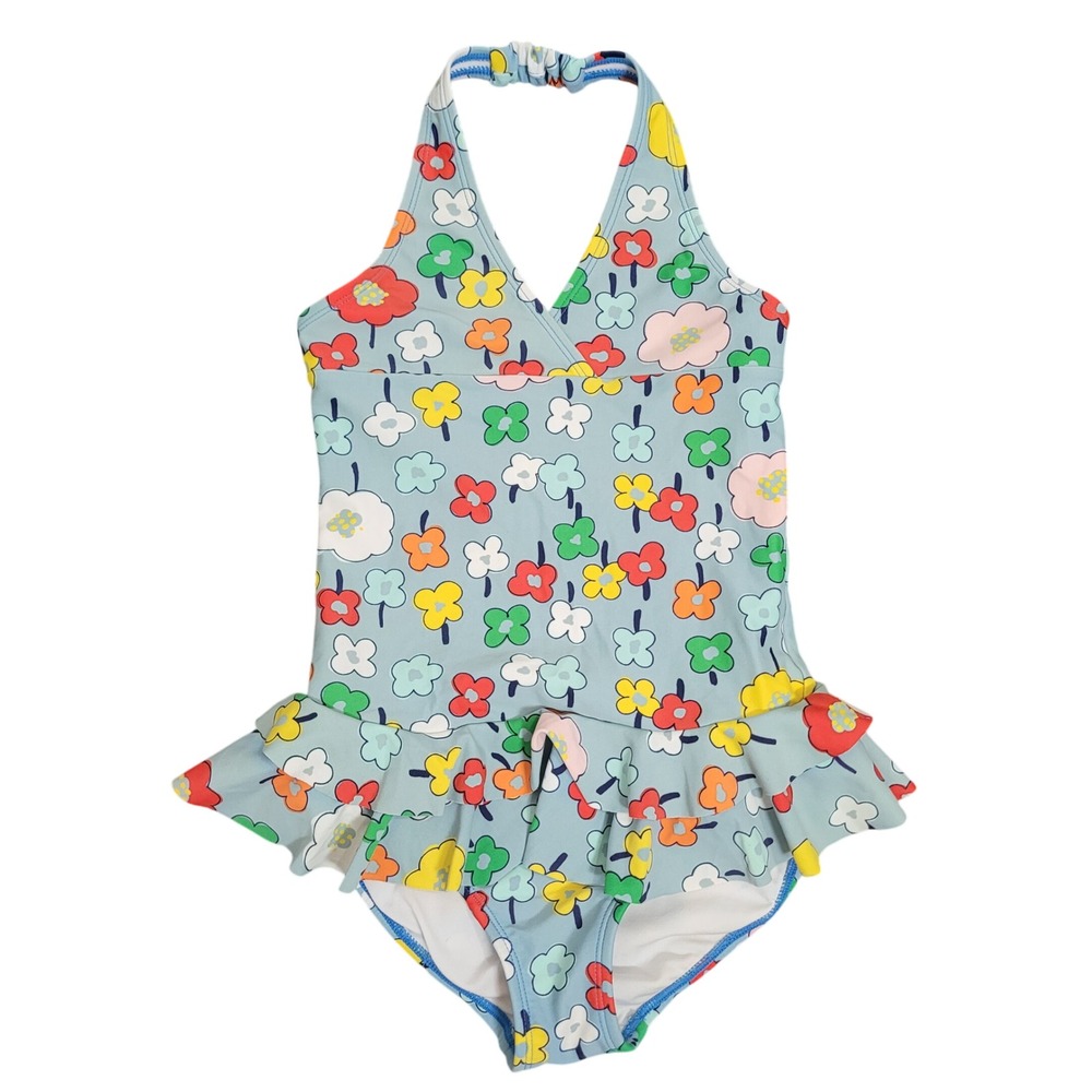 Hanna Andersson 130‎ US 8 Floral Ruffle Halter One Piece Swimsuit Girls Blue